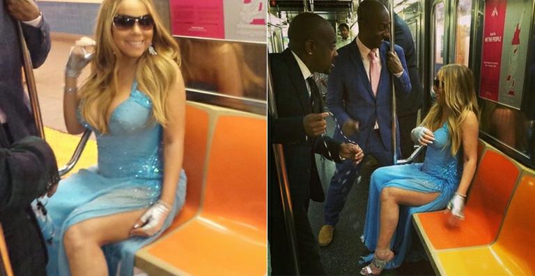 Com vestido de gala e superdecote, Mariah Carey anda de metrô em Nova York