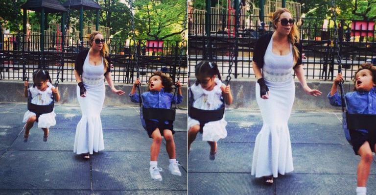Mariah Carey escolhe vestido longo e salto alto para levar os filhos ao parquinho