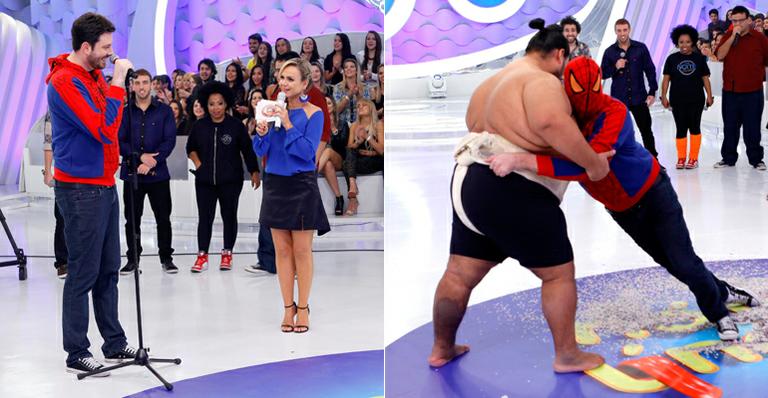 Vestido de homem-aranha, Danilo Gentili luta sumô no Programa Eliana