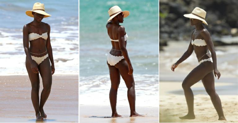 Lupita Nyong’o vai à praia no Havaí de biquíni branco e mostra boa forma