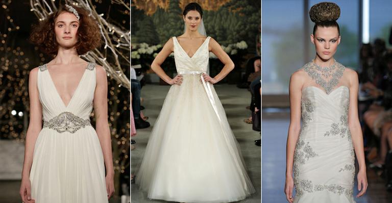 Ombros largos: vestido de noiva com decote V e saia godê valoriza a silhueta