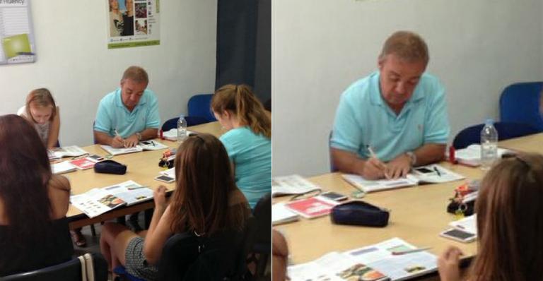 Longe da TV, Gugu Liberato faz prova em curso de inglês