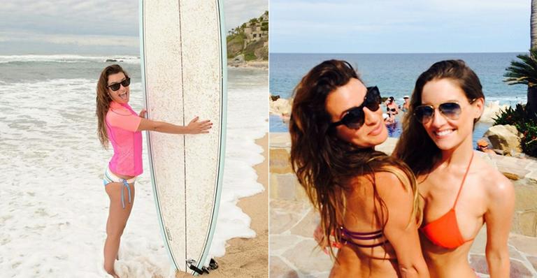 De férias, Lea Michele pratica surfe e exibe boa forma no México