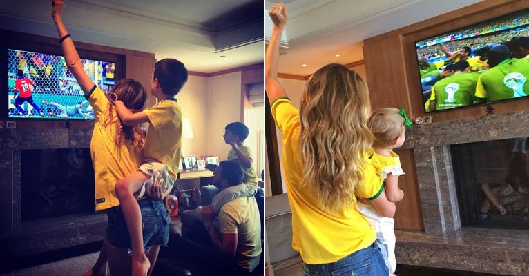 Gisele Bündchen comemora ao lado da família a vitória do Brasil