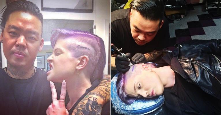 Com o cabelo roxo, Kelly Osbourne faz tatuagem na cabeça