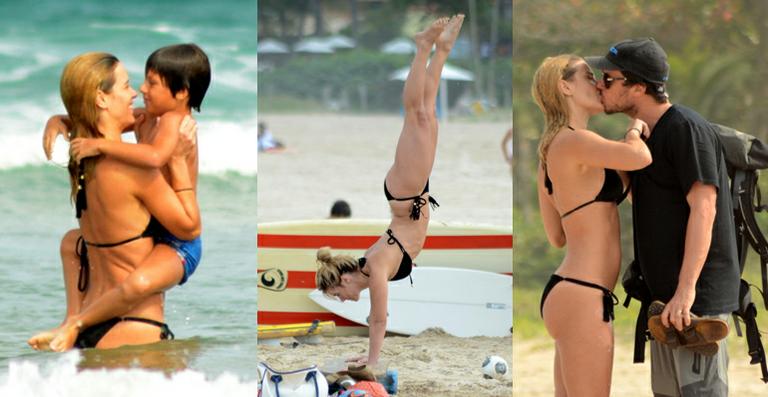 Carolina Dieckmann planta bananeira e mostra boa forma na praia