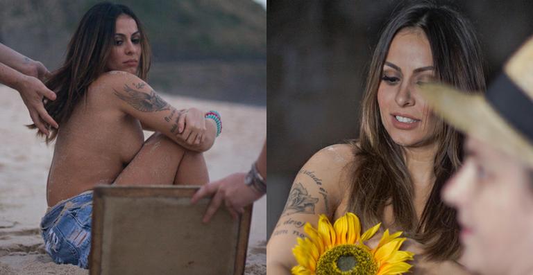 Alinne Rosa faz topless na praia em ensaio fotográfico