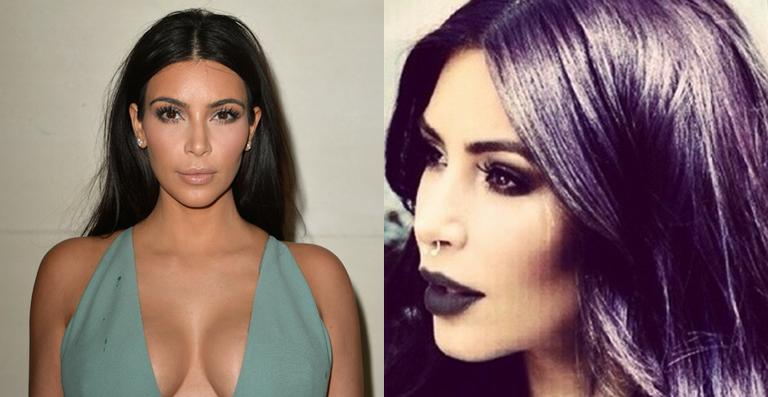 Kim Kardashian aparece com cabelo roxo e piercing no nariz