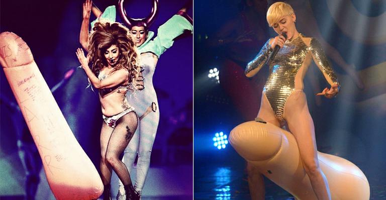 Lady Gaga copia Miley Cyrus e brinca com pênis gigante em show