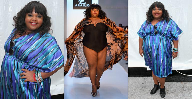 Atriz Priscilla Marinho desfila de maiô em semana de moda praia na Flórida