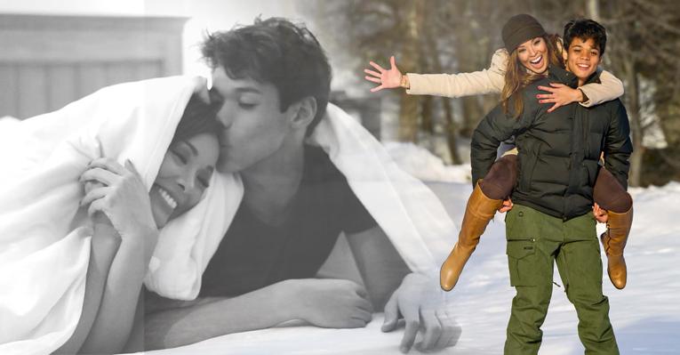 Carol Nakamura e o filho curtem a neve juntos