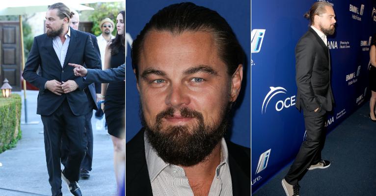 Leonardo DiCaprio aparece barbudo e com o cabelo comprido em evento