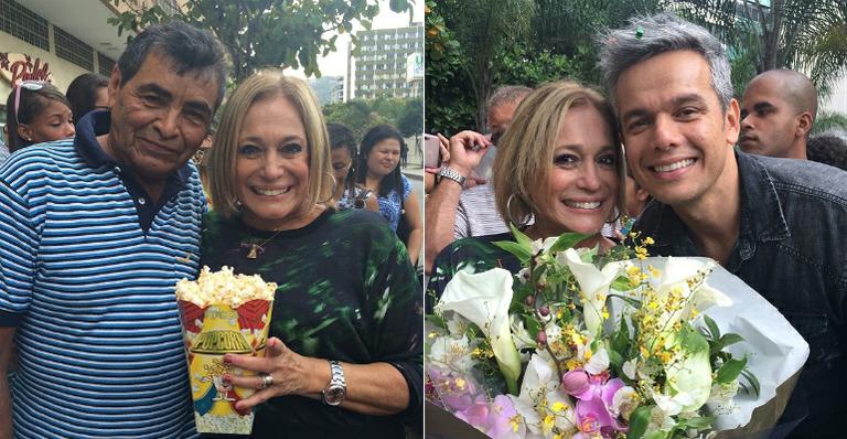 Susana Vieira ganha pipoca e faz a festa com fãs em gravação