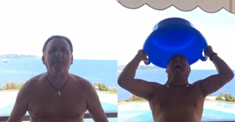 Sem camisa, Galvão Bueno faz o desafio do balde de gelo
