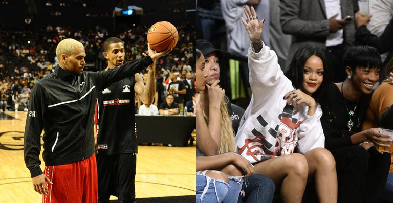 Rihanna assiste ao ex Chris Brown em jogo de basquete