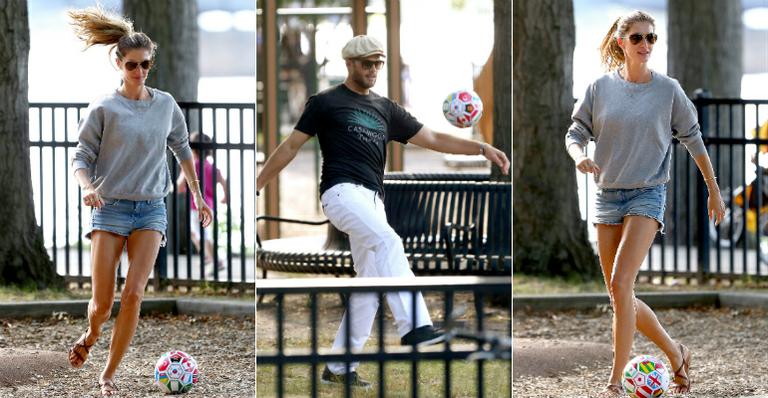 Gisele Bündchen e Tom Brady jogam futebol em parque