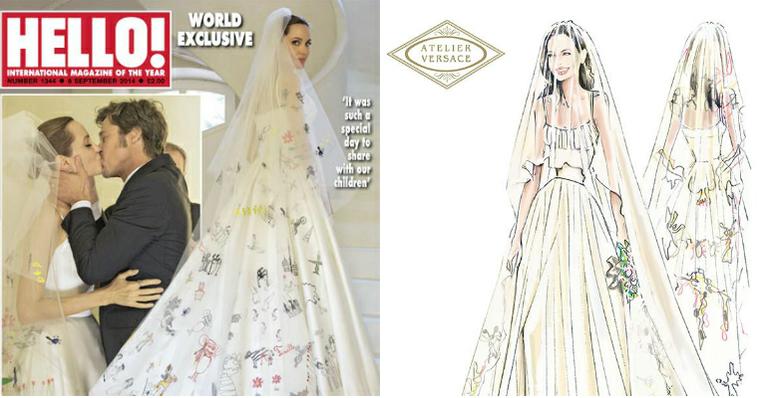 Donatella Versace mostra croquis do vestido de noiva de Angelina Jolie