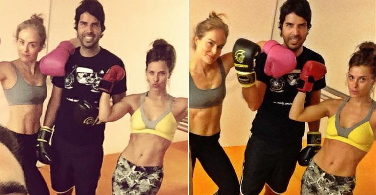 Sem make e com barrigas à mostra, Carol Dieckmann e Angélica lutam muay thai