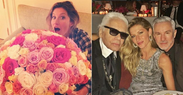 Gisele Bündchen mostra buquê gigante que ganhou do estilista Karl Lagerfeld