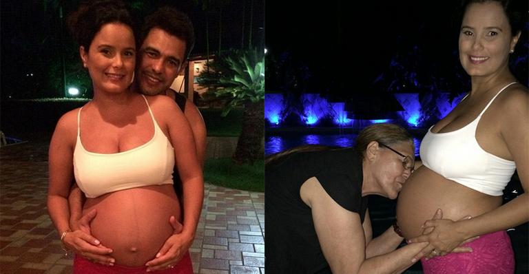 Grávida do segundo filho, Luciele di Camargo posa com Zezé e a mãe, Helena, mostrando o barrigão