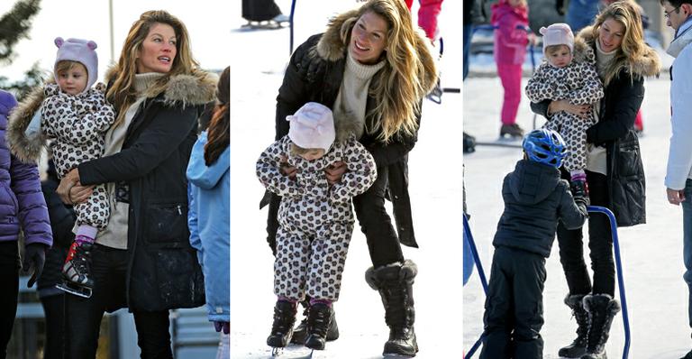 Gisele Bündchen leva os filhos para patinar no gelo