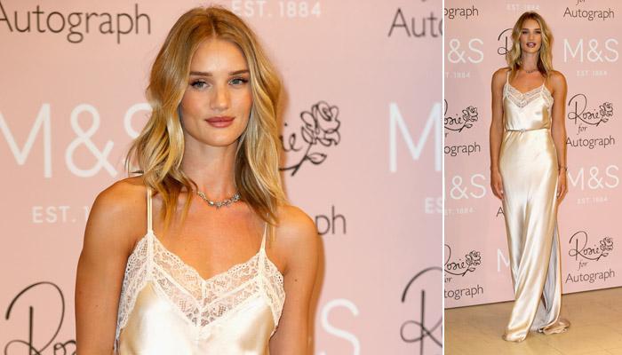 Rosie Huntington-Whiteley aposta em vestido de camisola durante evento