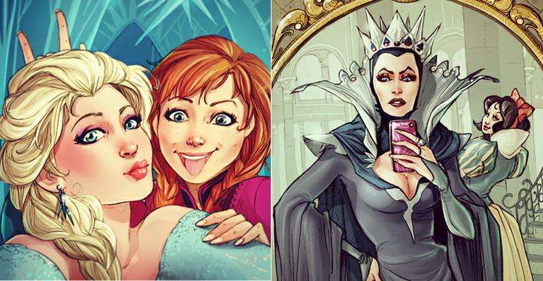Personagens da Disney fazem selfie em ilustrações de Simona Bonafini