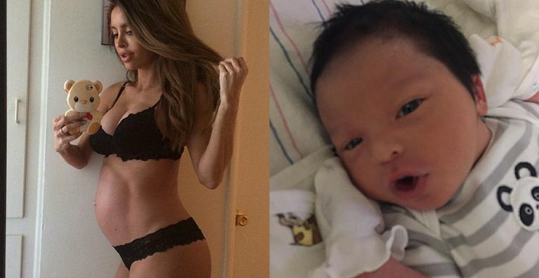 Modelo Sarah Stage, a ‘grávida sarada’, mostra foto do filho recém-nascido