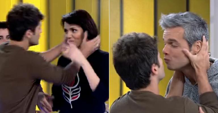 Bruno Gagliasso beija Mônica Iozzi e Otaviano Costa na boca durante o ‘Vídeo Show’