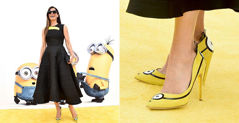 Sandra Bullock causa e usa sapatos em formato de Minions na première da animação
