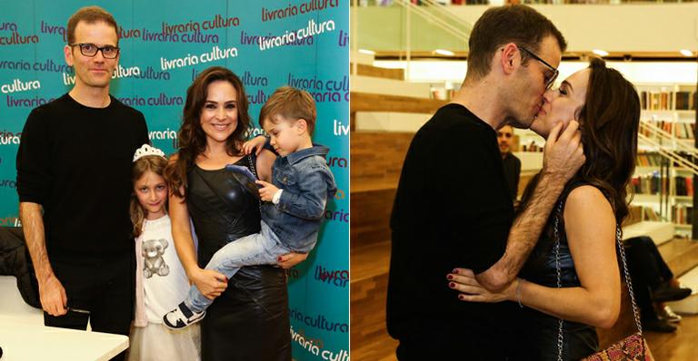 Com os filhos, Gabriela Duarte vai a lançamento de livro do marido