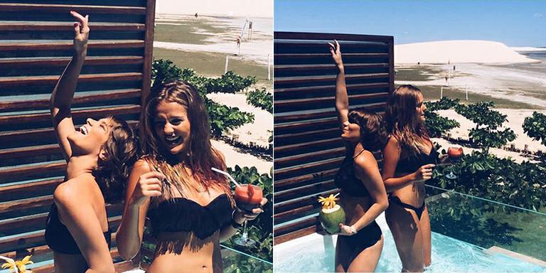 Isabella Santoni se joga nas férias e curte piscina com amiga