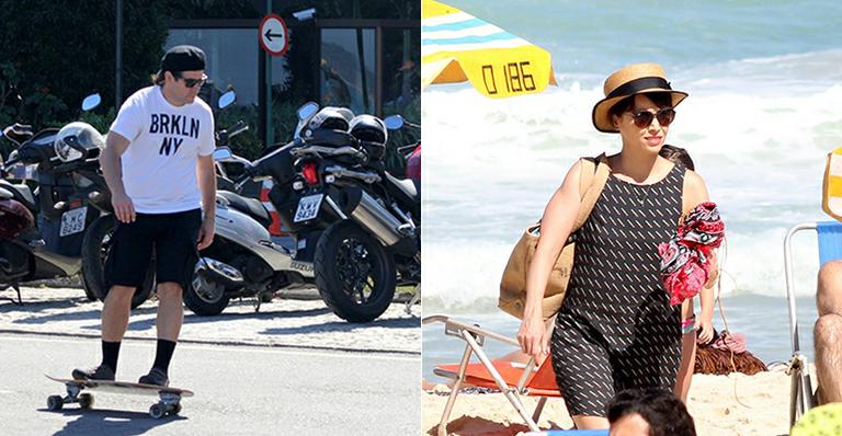 Murilo Benício e Débora Falabella vão à praia com os filhos Nina e Pietro