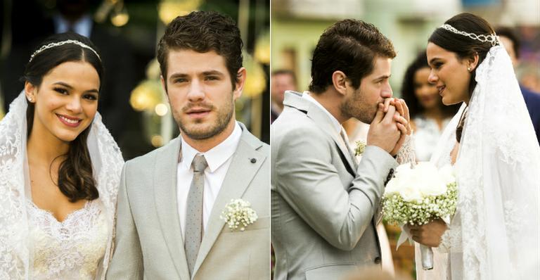 Bruna Marquezine usa vestido com pérolas e cristais no casamento de Mari e Benjamin