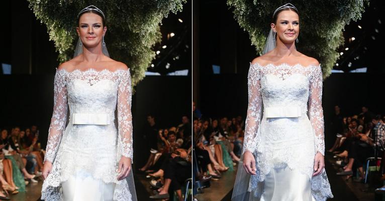 Letícia Birkheuer rouba a cena ao desfilar vestida de noiva