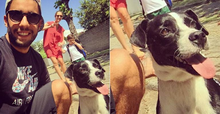 Pedro Scooby e Lu Piovani levam Dom para a escola na companhia de Lata, pet do casal