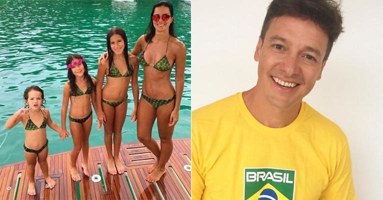 Mulher e as 3 filhas de Rodrigo Faro usam o biquíni igual e apresentador se diverte