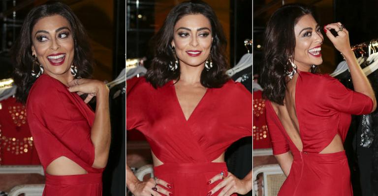 Com look vermelho, Juliana Paes rouba a cena em evento fashion