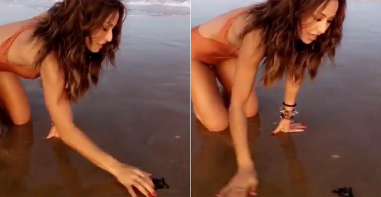 Sabrina Sato ajuda tartaruguinha a entrar no mar; veja o vídeo
