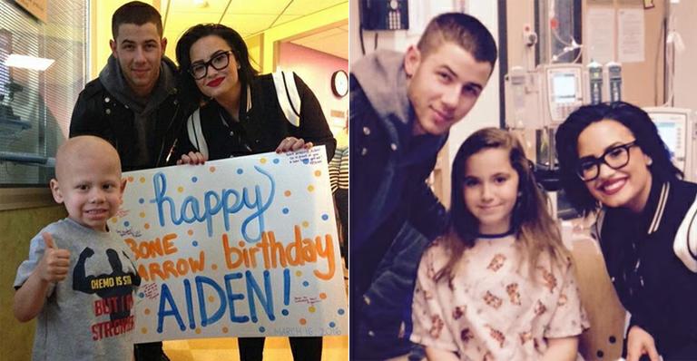 Demi Lovato e Nick Jonas visitam hospital infantil e cantam para pequenos fãs