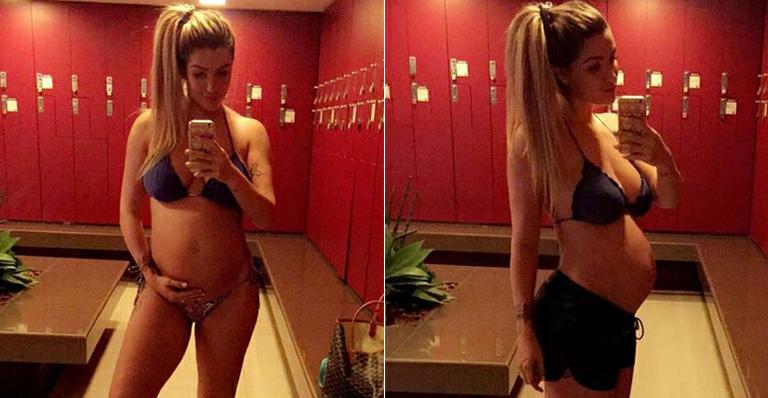 Aline Gotschalg exibe o barrigão antes de hidroginástica