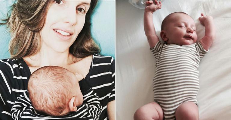 Mariana Ferrão posa com o filho de 1 mês no colo durante a madrugada