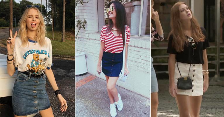Saia jeans com botões na frente conquista famosas. Veja como usar em 6 dicas
