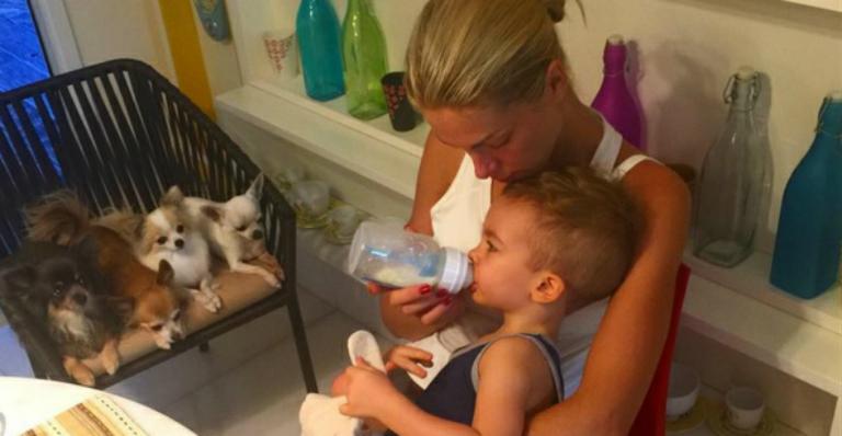 Ana Hickmann dá mamadeira para Alexandre Jr. sob olhar atento dos cachorrinhos