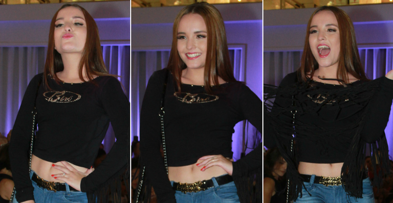 Larissa Manoela faz caras e bocas na passarela em São Paulo