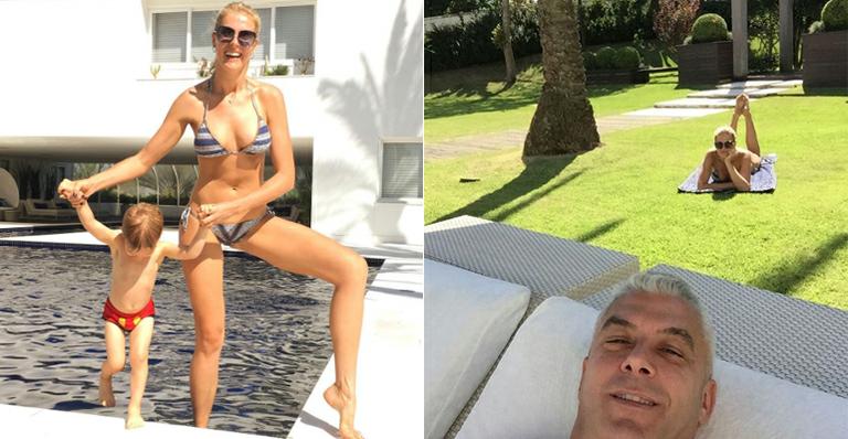 Uau! Ana Hickmann exibe corpão em dia de piscina com o filho