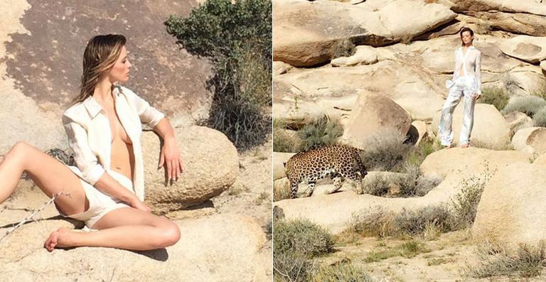Modelo Flávia Lucini faz ensaio com leopardo na Califórnia