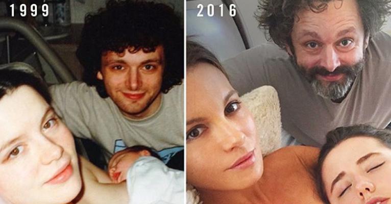 Kate Beckinsale reproduz foto de 17 anos atrás ao lado do ex-marido e da filha