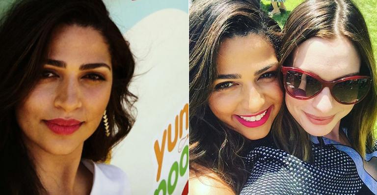 Camila Alves recebe Anne Hathaway no lançamento de sua linha de alimentos infantis