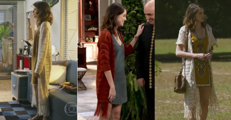Maxi kimono de crochê é tendência fashion nos looks de Camila, em Haja Coração